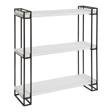 Lintz Modern Industrial Wood and Metal Floating Wall Shelves with Black Metal Frame, Rustic White
