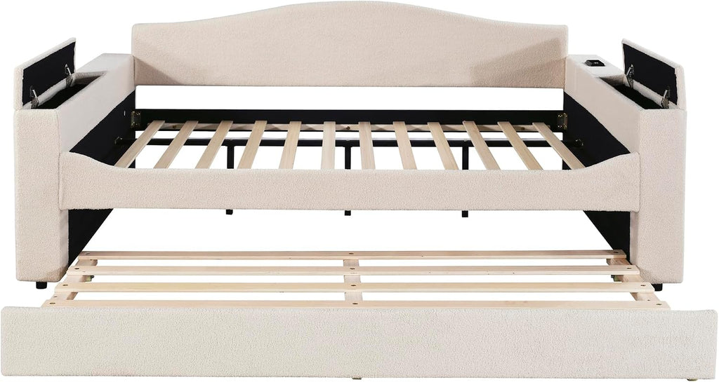 & Bright Designs Upholstered Daybed with Trundle, Full Size Day Bed Frame with Storage Armrests, USB Ports and