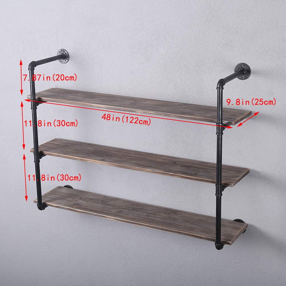 Industrial Pipe Shelving Metal Floating Shelves, Rustic Kitchen Wall Shelf Wood Hanging Shelf, 48in Steampunk Large