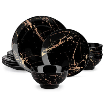 Plates and Bowls Sets for 4, 12 Pieces Porcelain Dinnerware Sets, Black and Gold Dish Set Gold Splash Dishware Sets