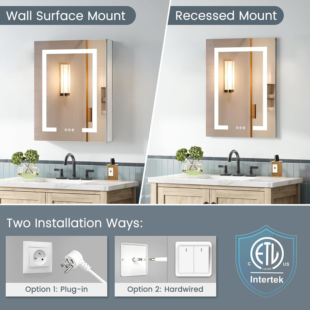 Lighted Medicine Cabinet with Mirror, Plug-in or Hardwired, Anti-Fog/3 Colors/Dimmable, AL Alloy, 2 Outlets & USBs
