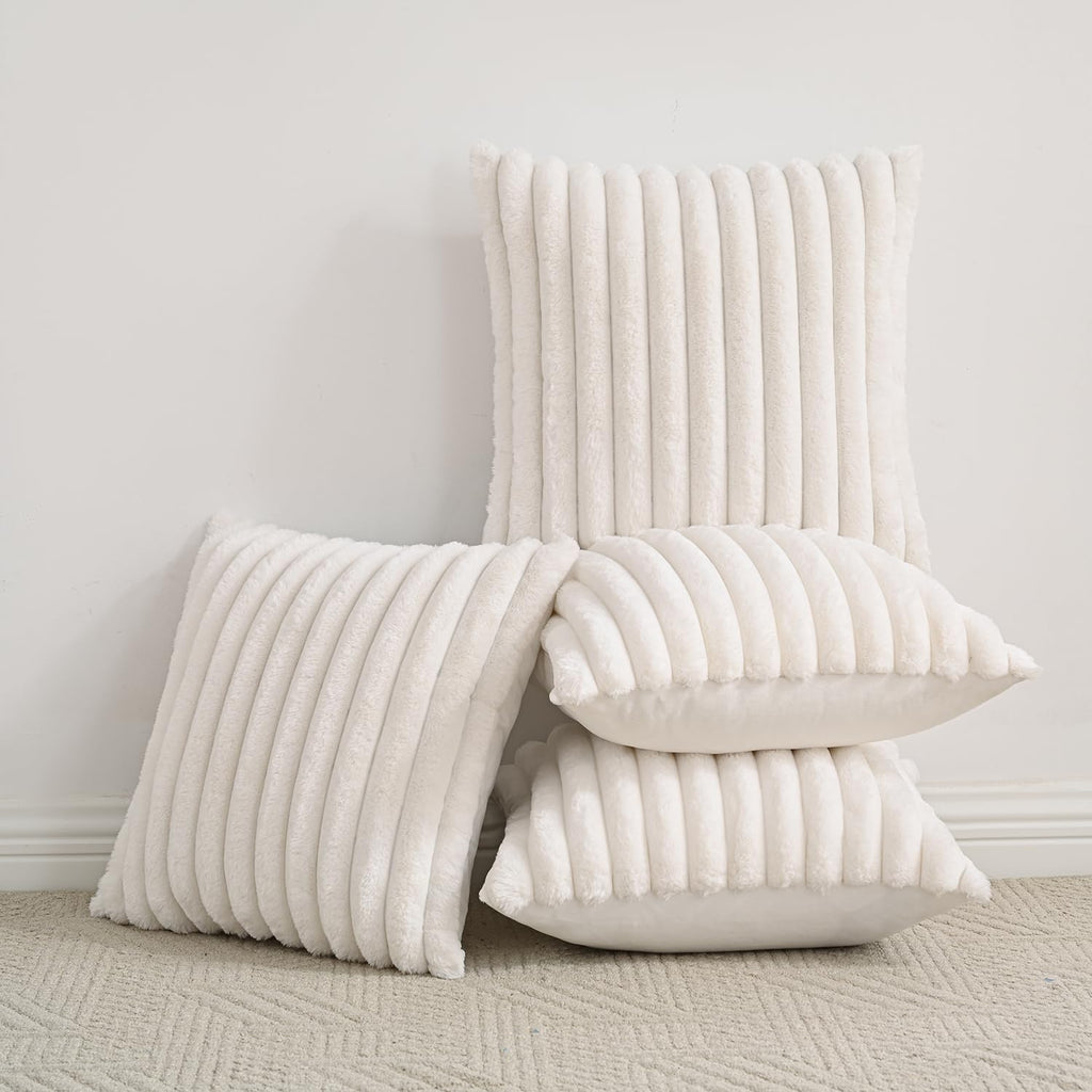 Set of 4 Faux Fur Plush Decorative Throw Pillow Covers 18x18 Inch, Luxury Striped Cushion Cases Soft Fluffy Accent