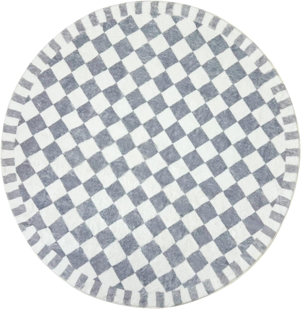 Round Modern Checkered Rug - 5.2Ft Circle Buffalo Plaid Check Bedroom Carpet Nonslip Farmhouse Floor Mat Washable