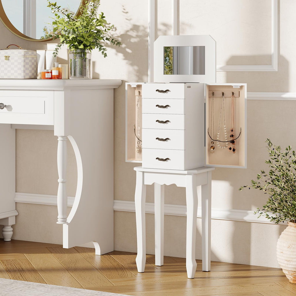 Standing Jewelry Armoire, Space-Saving Jewelry Organizer Chest (White)