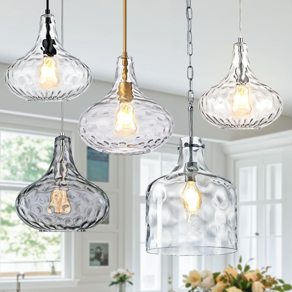 11" Clear Hammered Glass Pendant Light, Black Kitchen Island Light