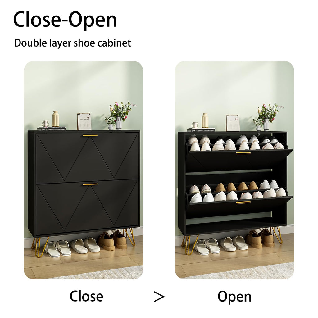 Black Shoe Cabinet Storage, Narrow Shoe Cabinet with 2 Flip Drawers, Freestanding Organizer with Fluted Panel