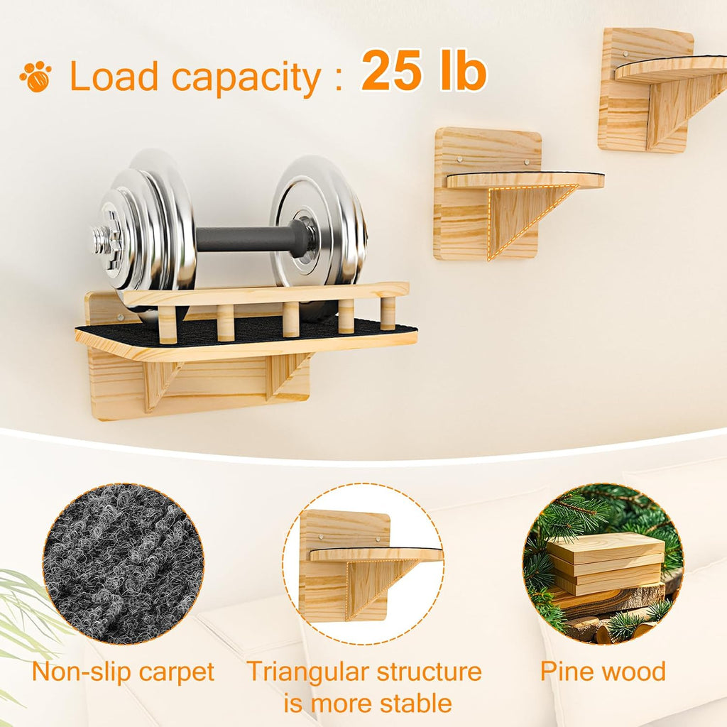Cat Wall Shelves, Cat Wide Climber Shelf with 3 Perch Steps, Kitty Wall Mounted Wooden Furniture up to 25lbs, Durable