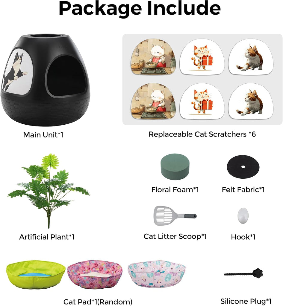 Eggloa6 Plant Litter Box, Hidden Cat Litter Box with Artificial Plants Soft Cushion Cat Bed, 8 Scratching Boards