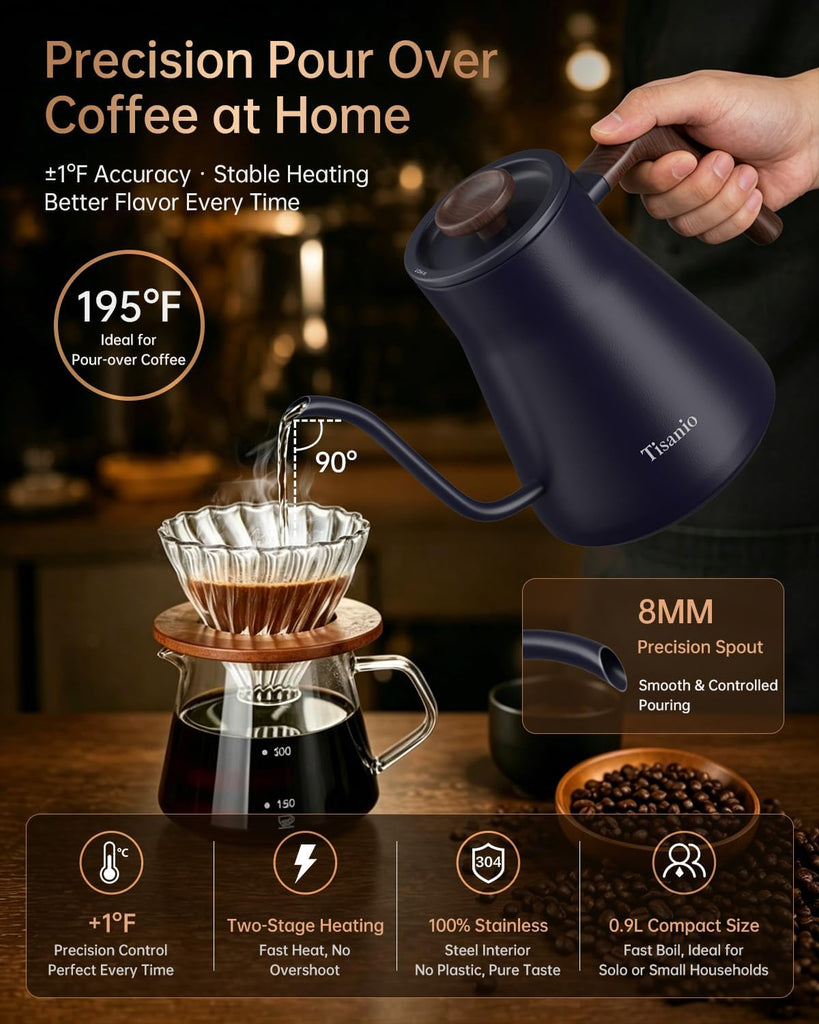 Gooseneck Electric Kettle with Temperature Control, 0.9L, Blue Wood | ±1°F Precision Pour Over Kettle, LCD Dual