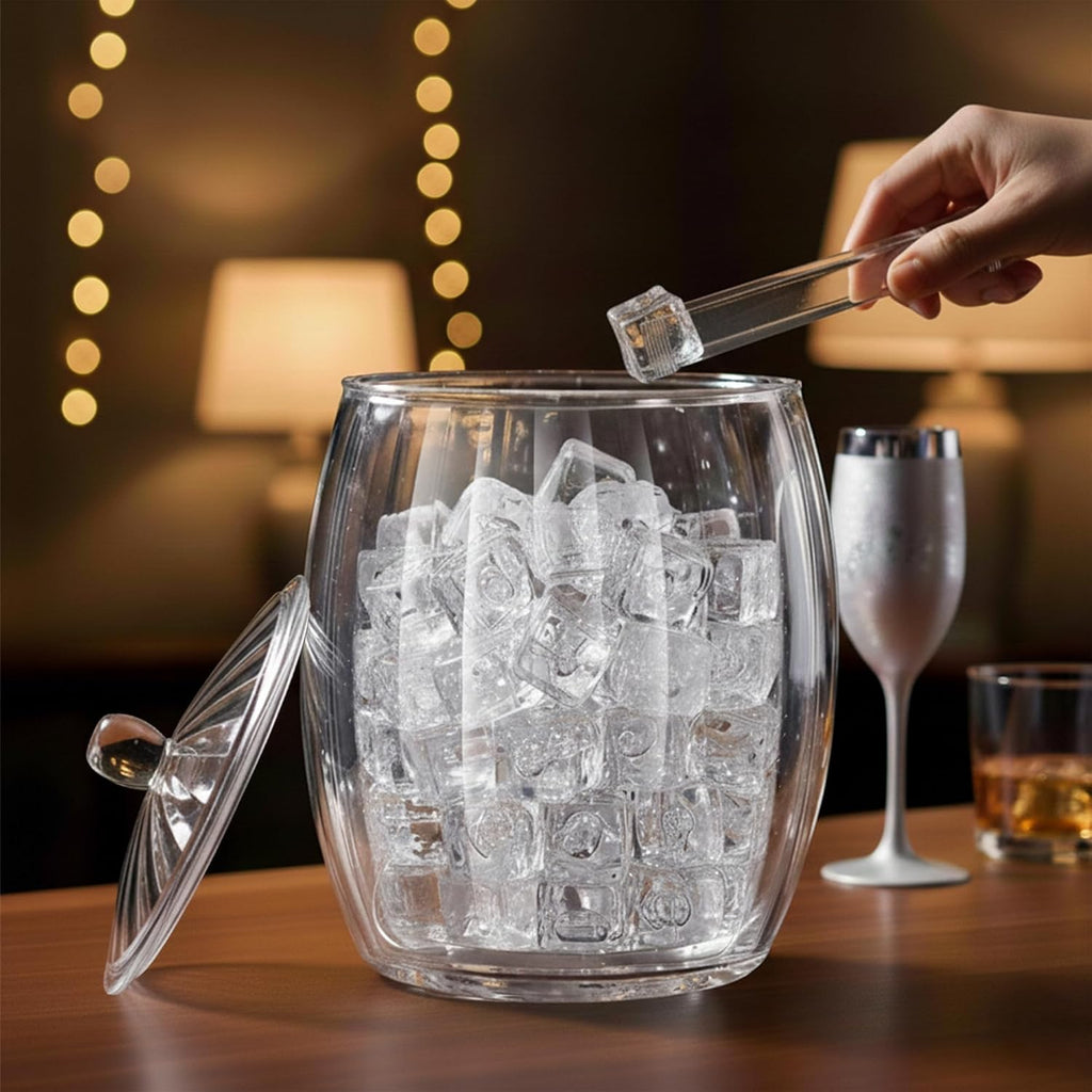 Icelyn - 3-Quart Plastic Double-Wall Ice Bucket with Lid and Tong, Insulated Bucket for Indoors and Outdoors, Good
