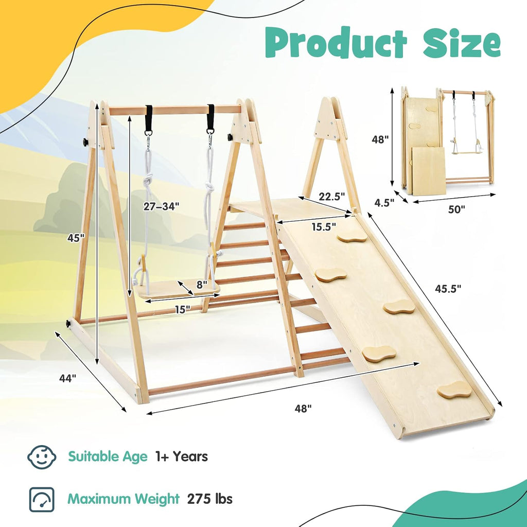 Indoor Jungle Gym 4 in 1 Foldable Toddler Wooden Montessori Baby Climbing Toys with Swing Slide Ramp Ladder for Kids