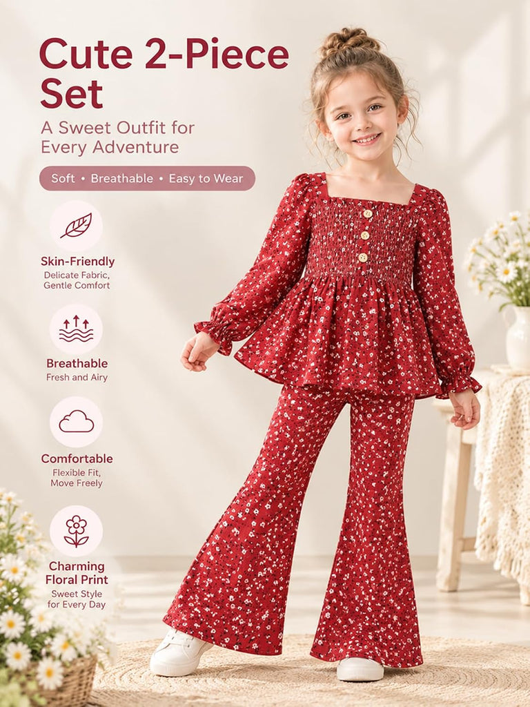 Toddler Girl Outfits Smocked Peplum Top with Kick Flare Pants