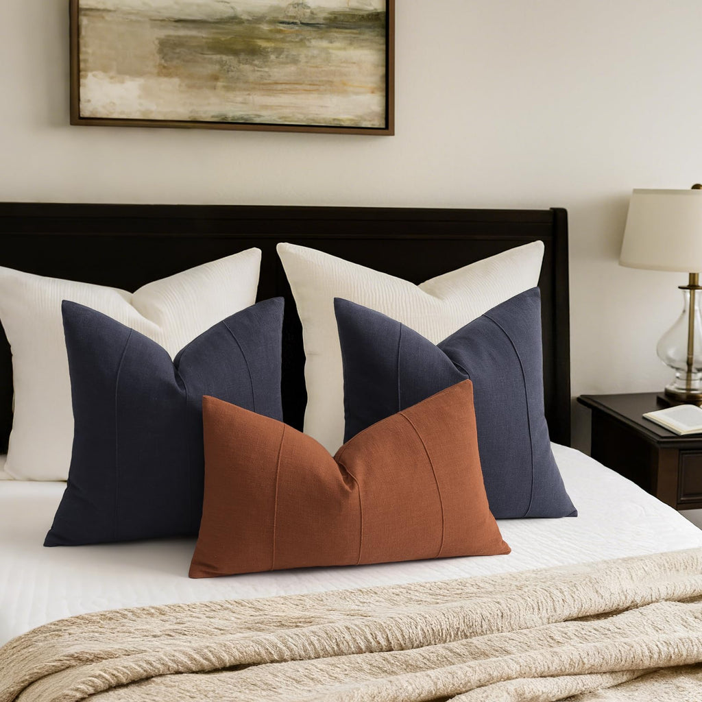 Decorative Linen Throw Pillow Covers 24x24 Set of 2 Solid Handcrafted Striped Cushion Covers for Bed Soft Modern