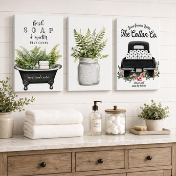 3 Piece Farmhouse Bathroom Decor Wall Art-Rustic Bathroom Canvas Print for Country Room Wall Decor, Rustic Botanical