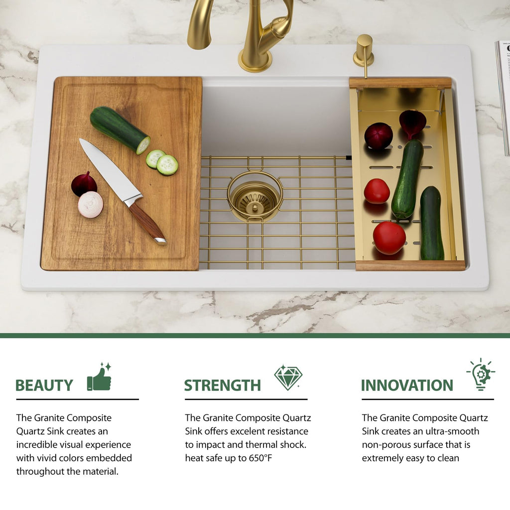 33x22 White Drop In Granite Composite Kitchen Sink with Luxury Accessories