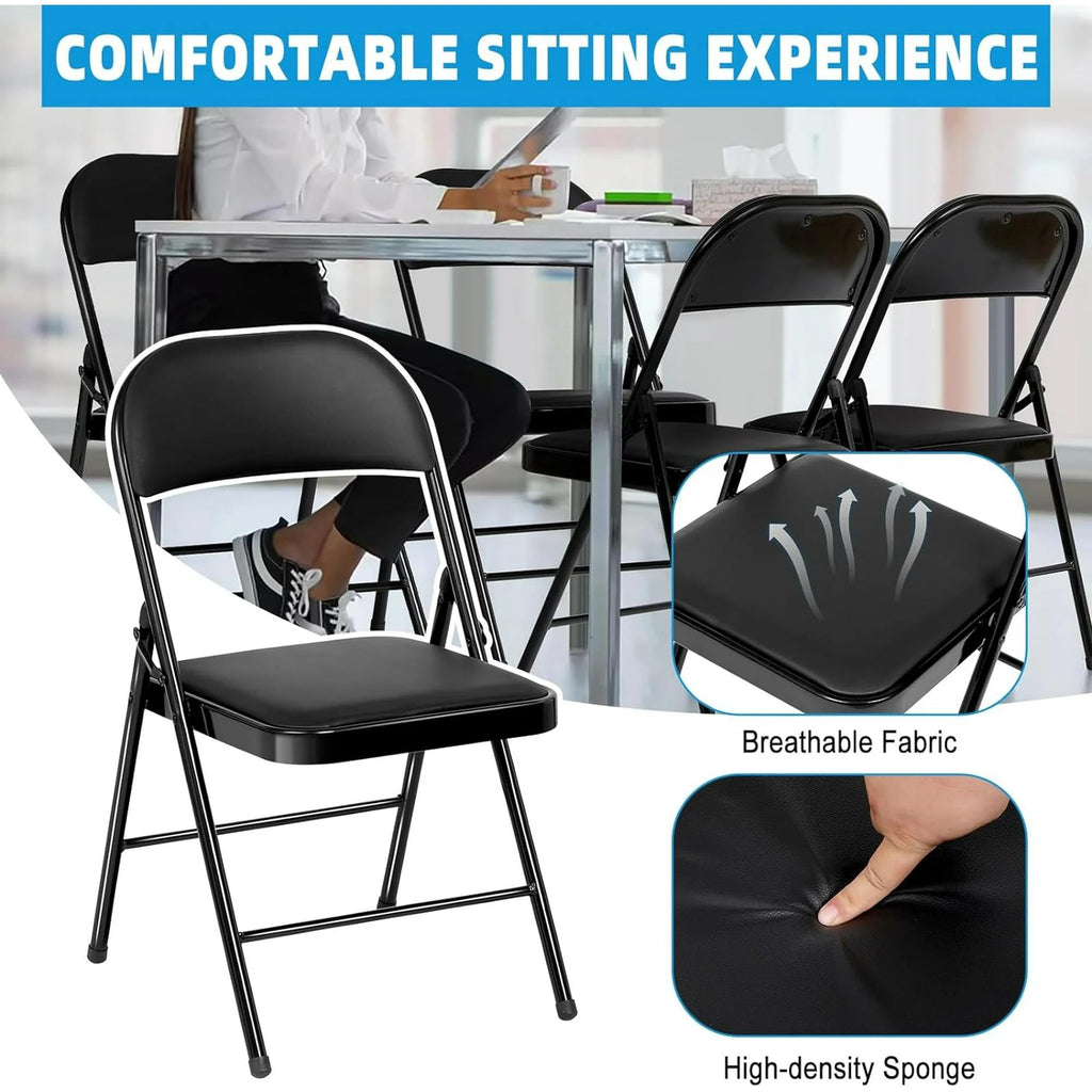 8 Pack Padded Folding Chairs, PU Leather Seat, 350 lb, Black