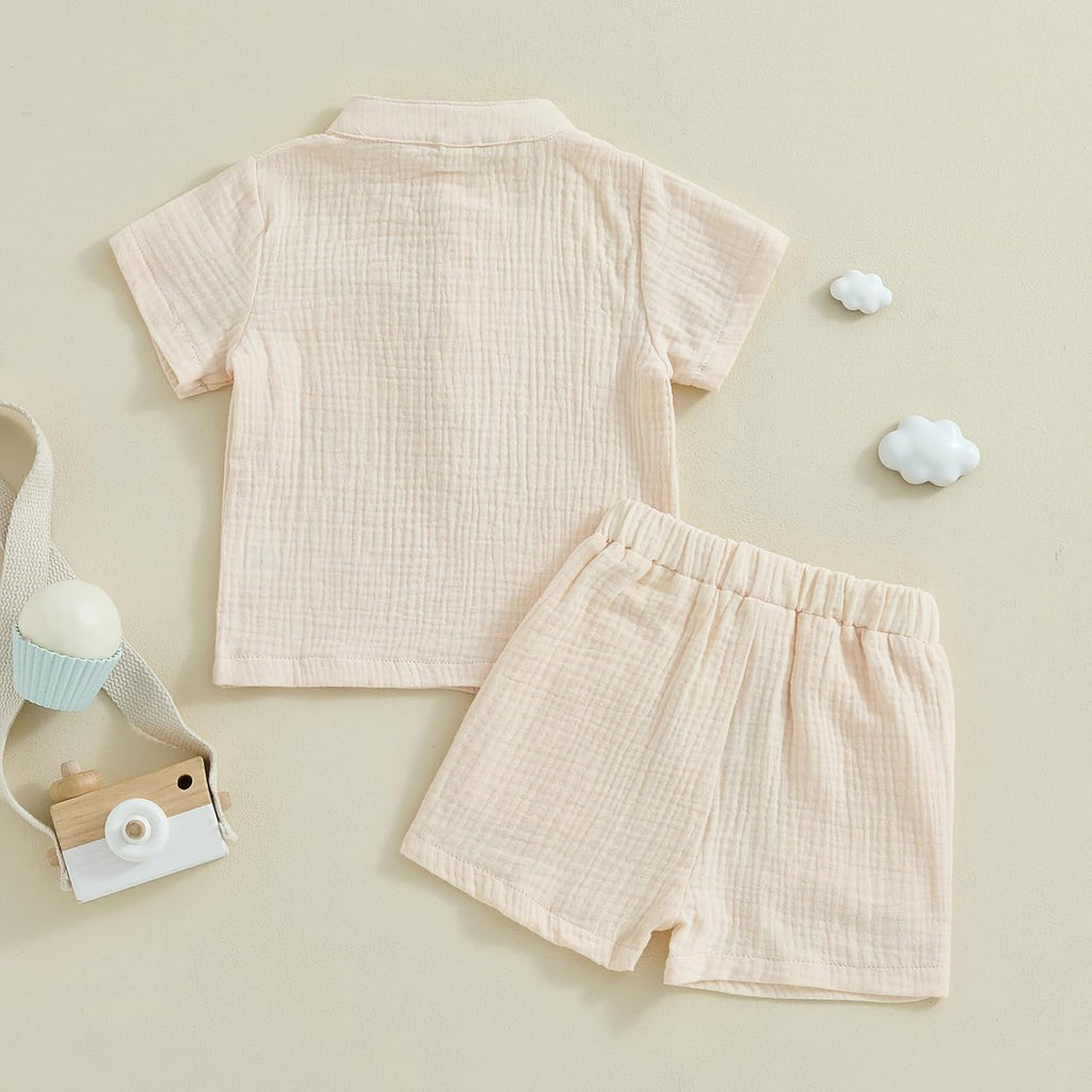 Toddler Baby Boy Summer Clothes Muslin Button Up Short Sleeve Henley Shirts Tops Shorts Set Cute Summer Outfits