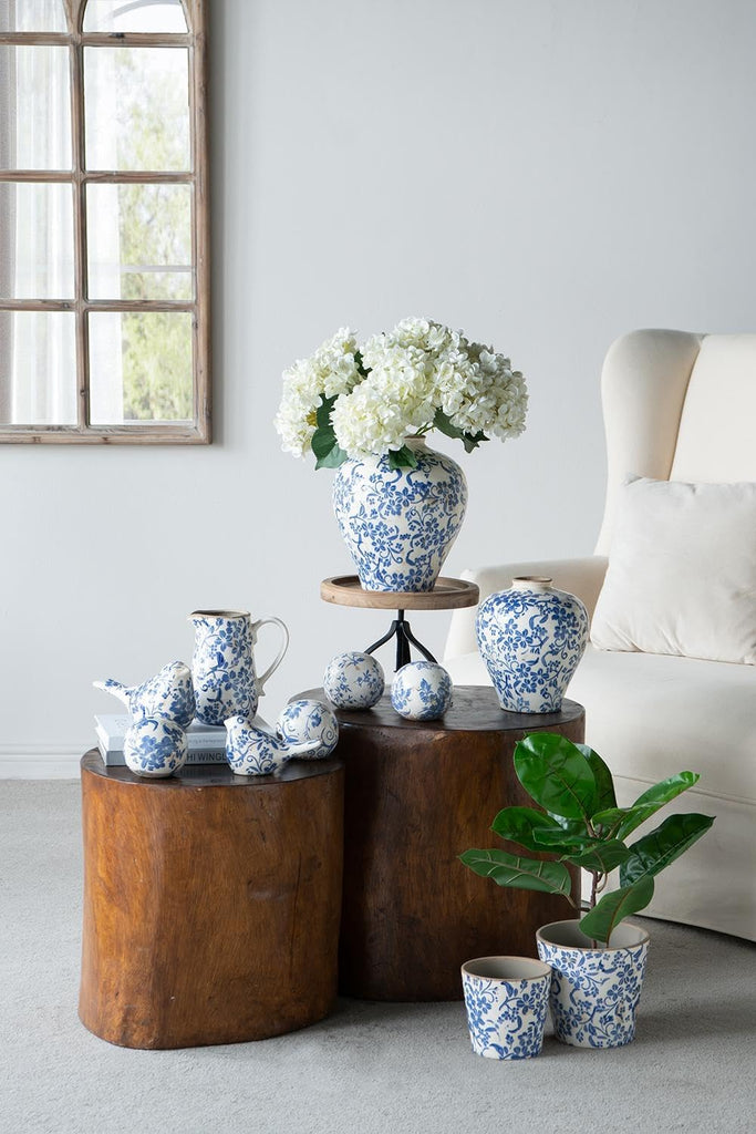 Set of 4 Ceramic Decorative Spheres - Handcrafted Blue and White Floral Orbs Decor, Tabletop Accent, Shelf Display