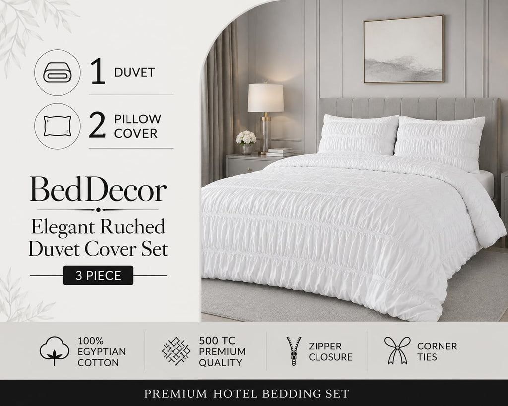 Ruched Pattern 3-Piece Duvet Cover Set by with 2 Pillow Shams, 100% Egyptian Cotton, 600 Thread Count, Zipper &