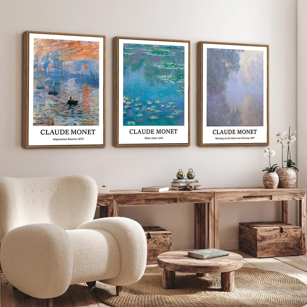 3 Piece Claude Monet Framed Wall Art, Water Lilies Painting Deocr