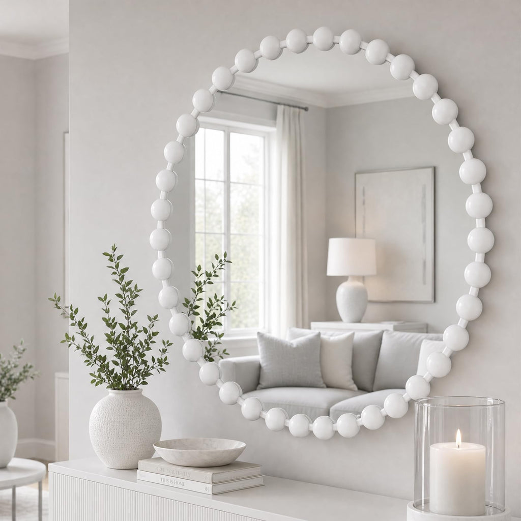 Park 36 inch White Round Mirror, Round Mirrors for Wall Decor, Metal Frame Circle Mirrors, Circle Wall Metal Art