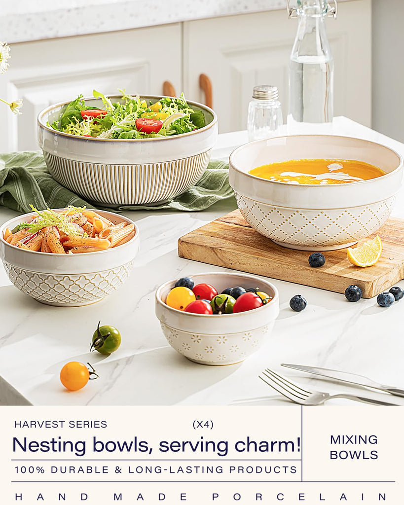Large Serving Bowls Set of 4, 12/26/42/64 oz Ceramic Stoneware Nesting Bowls Set, Microwave and Dishwasher Safe