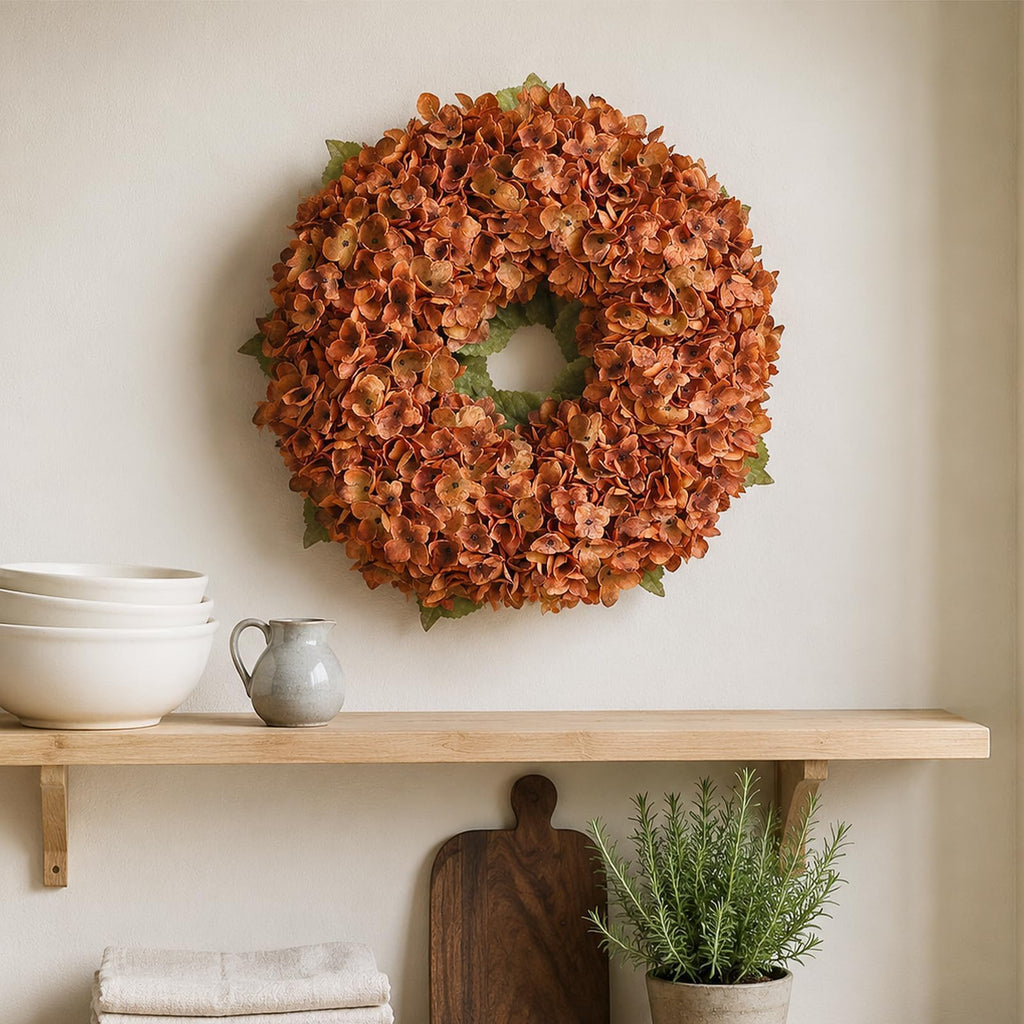 21" Artificial Fall Hydrangea Flower Wreath for Front Door Decor(Orange)