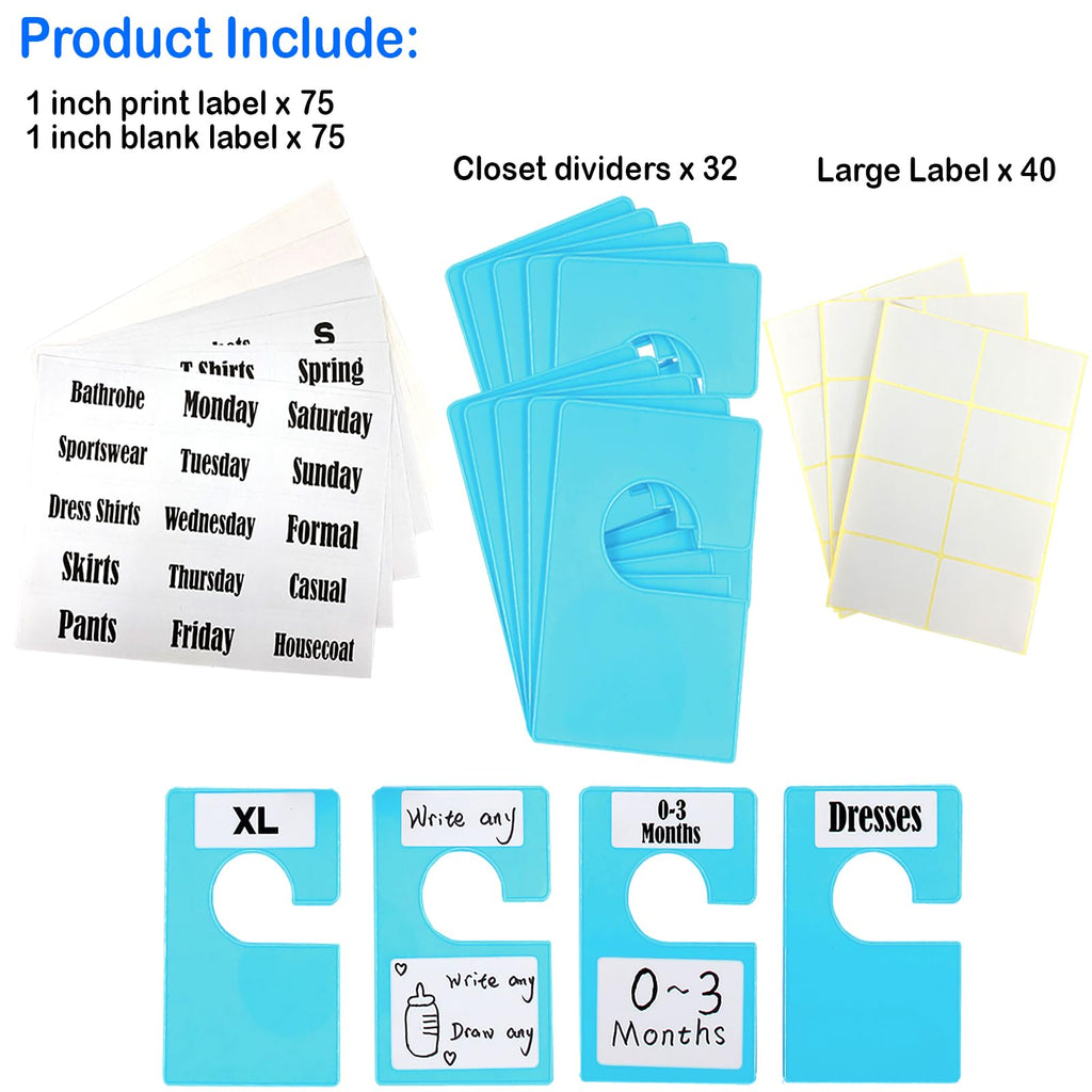 32 Pack White Clothing Rack Size Dividers Plus 75 Labels (1 Inch) and 30 Large Blank Labels, Large Rectangular
