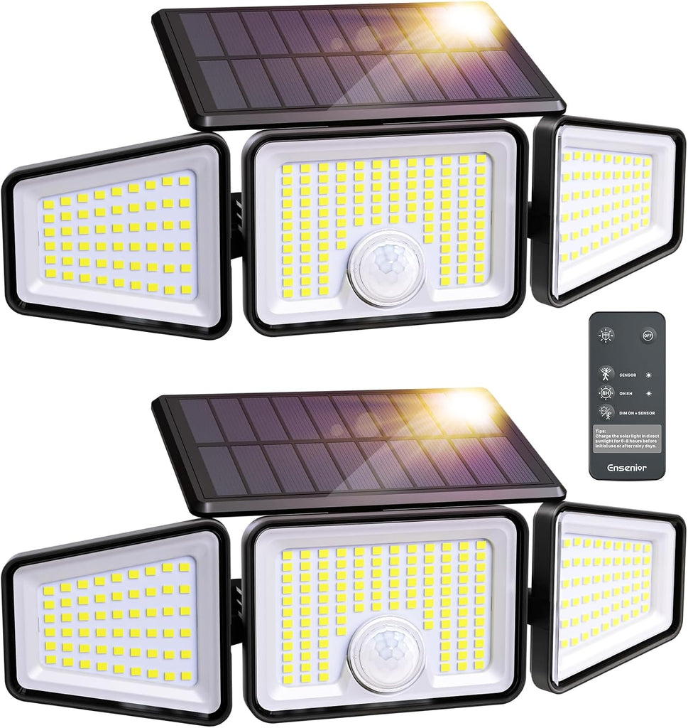 Solar Motion Lights Outdoor, 3000LM 220 LED High Brightness Motion Sensor Outdoor Lights, 3 Head 4 Modes 270° Wide