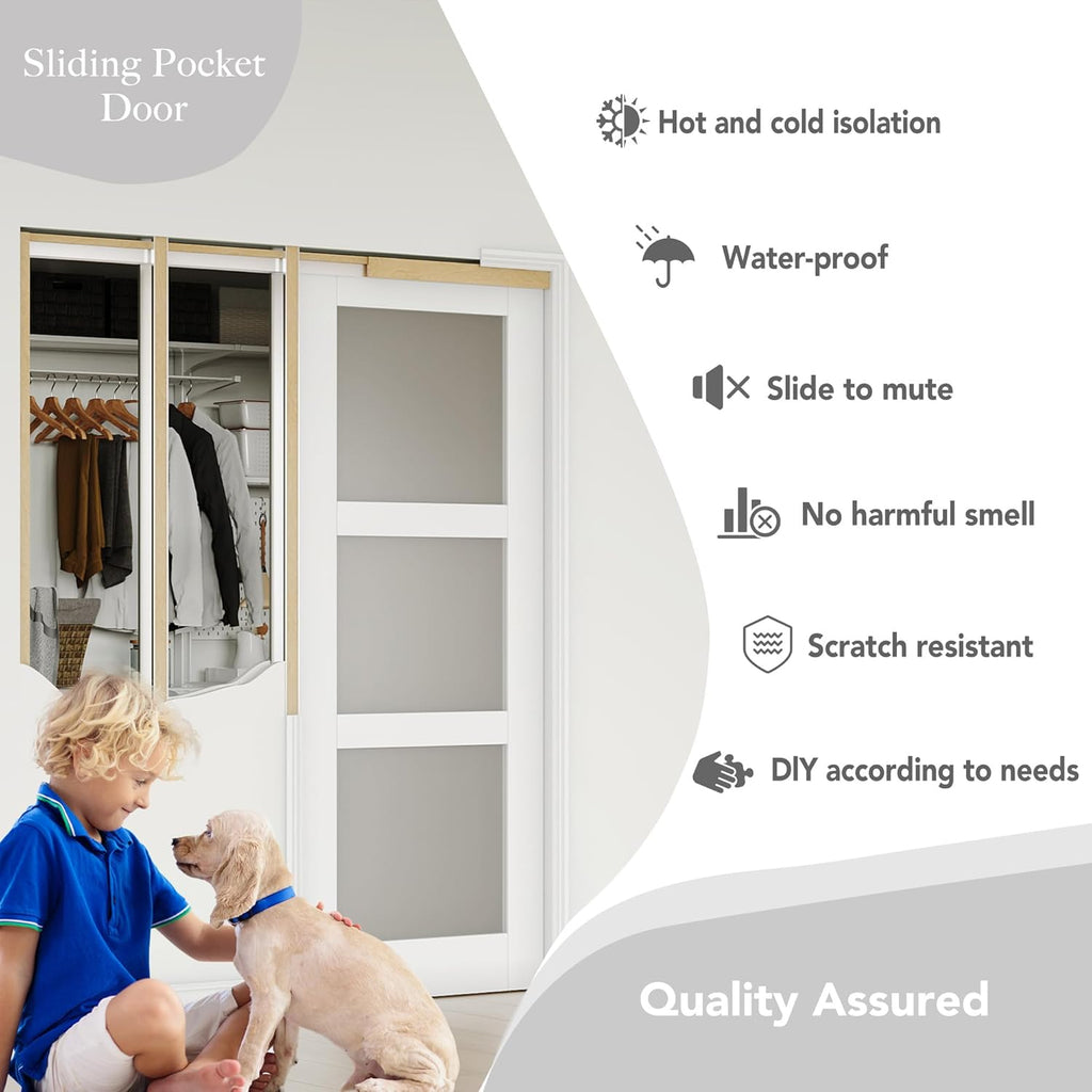 32 in. x 80 in. Sliding Pocket Door, 3-Lite Frosted Glass Interior Door with Frame and Hardware Kit 