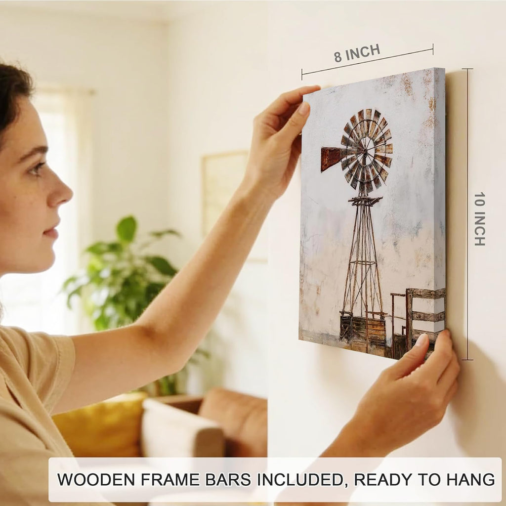 Framed Farmhouse Wall Art, Rustic Windmill Barn Cornfield Sheep Cow Paintings Wall Art, Vintage Country Wall Decor