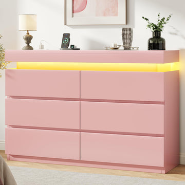 6 Drawer Dresser with LED Lights and Charging Station, Modern Pink Dresser
