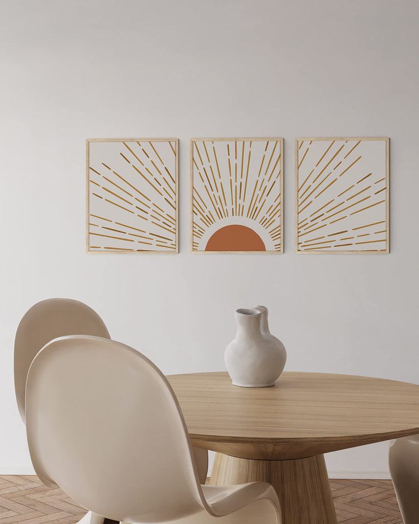 Bohemian Mid Century Modern Wall Art - Boho Art, Neutral, Sun Wall Decor (Beige Frame, 24x36)