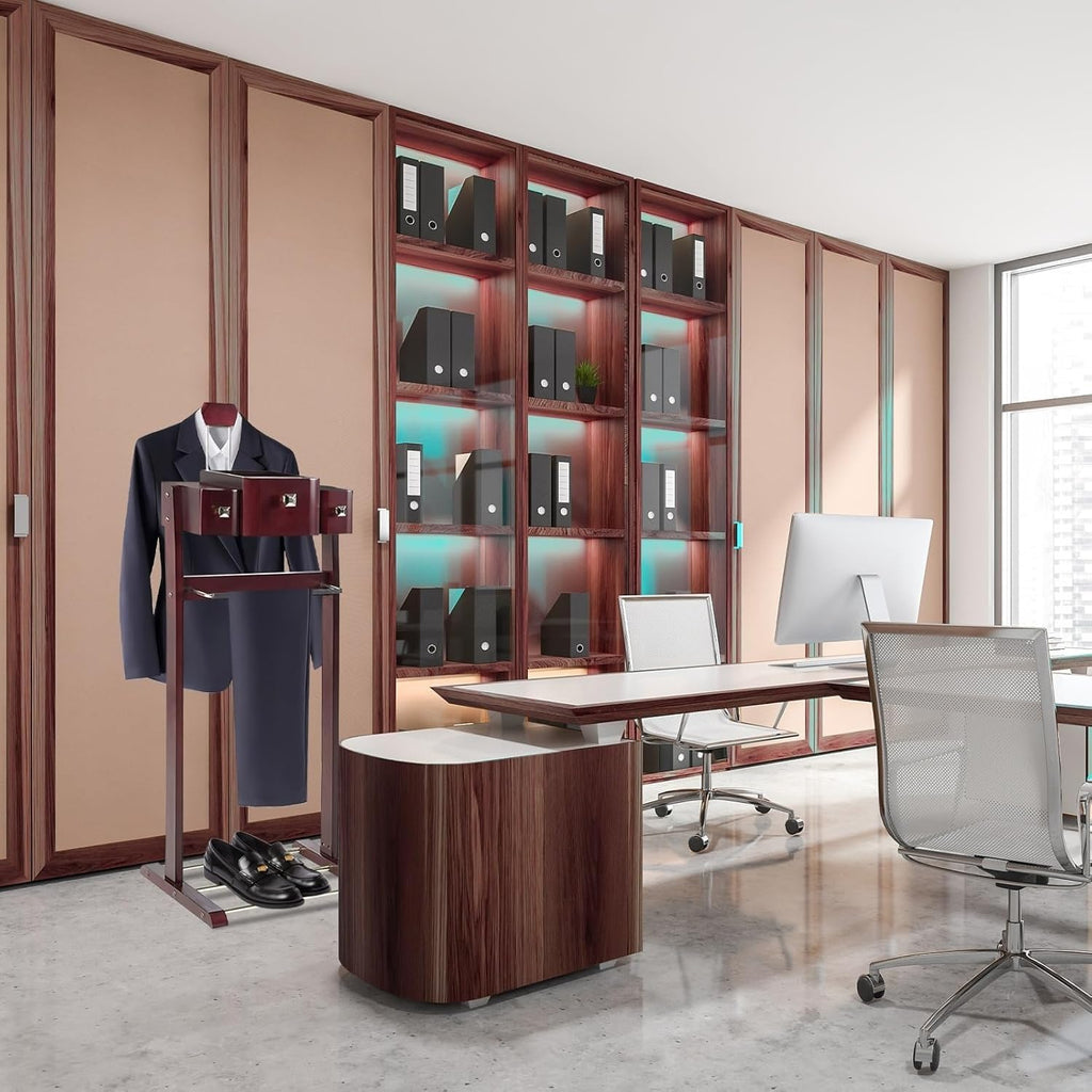 Suit Valet Stands with Hanger, Pant Hanger and Metal Shoe Rack Wood Modern Standing Hanger with Storage Organizer