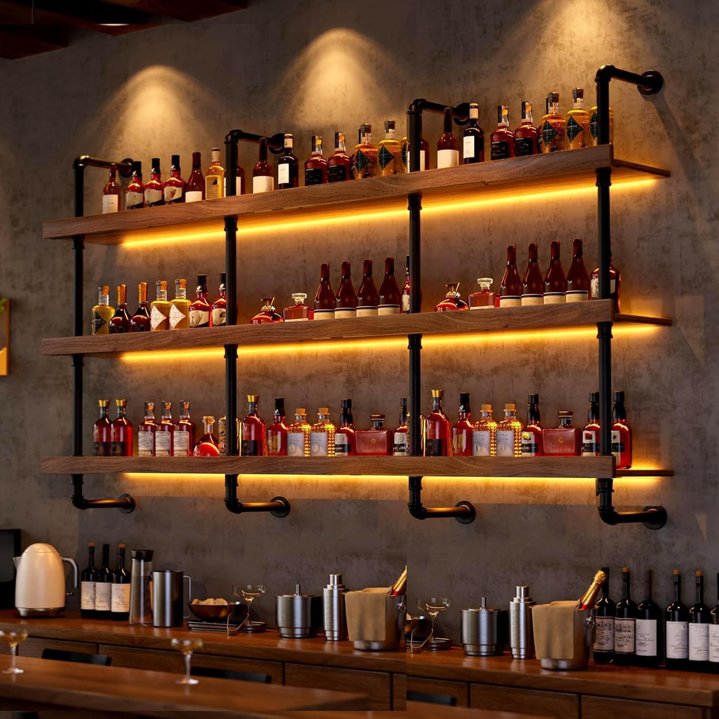 47.2in Wall Mounted Wine Rack with LED Light Solid Wood | 3-Tiers Liquor Bottles Floating Shelves Display Storage