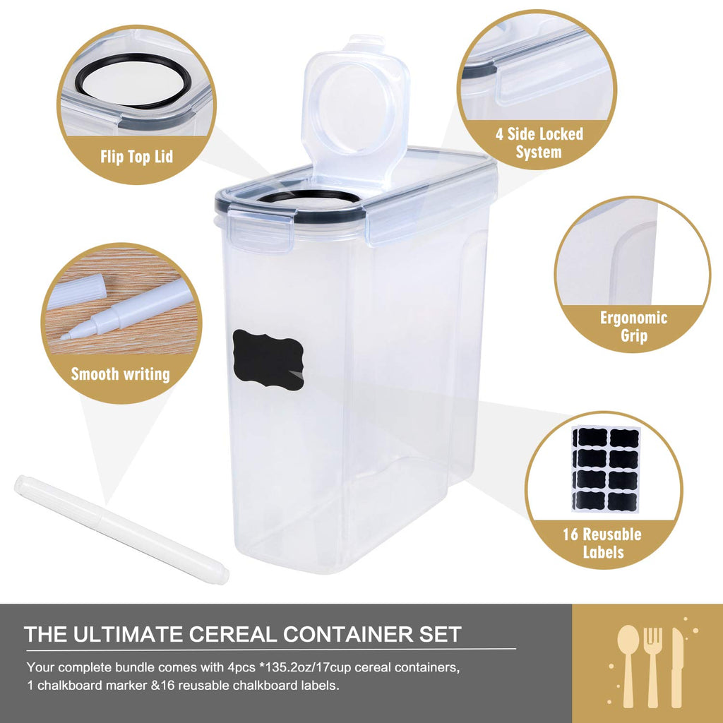 Cereal Containers Storage Set - 4 Piece Airtight Large Food Storage Containers(135.2oz), BPA Free Dispenser Plastic