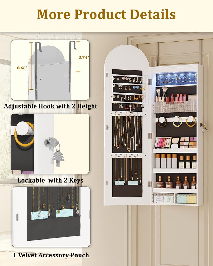 Arched Mirror Jewelry Cabinet, Over the Door or Wall Mounted, White