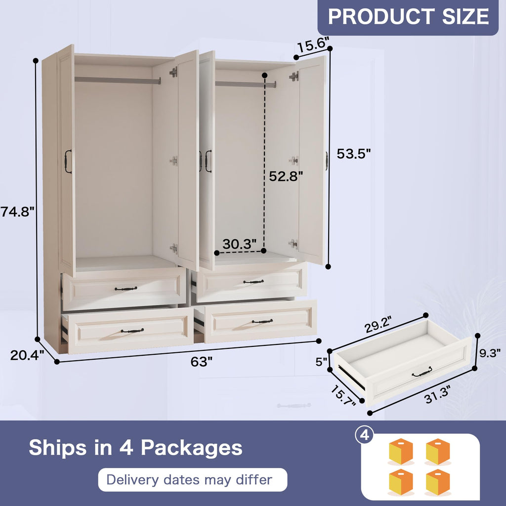White Wardrobe Closet with 4 Drawers and 4 Doors, 75" H x 63" W