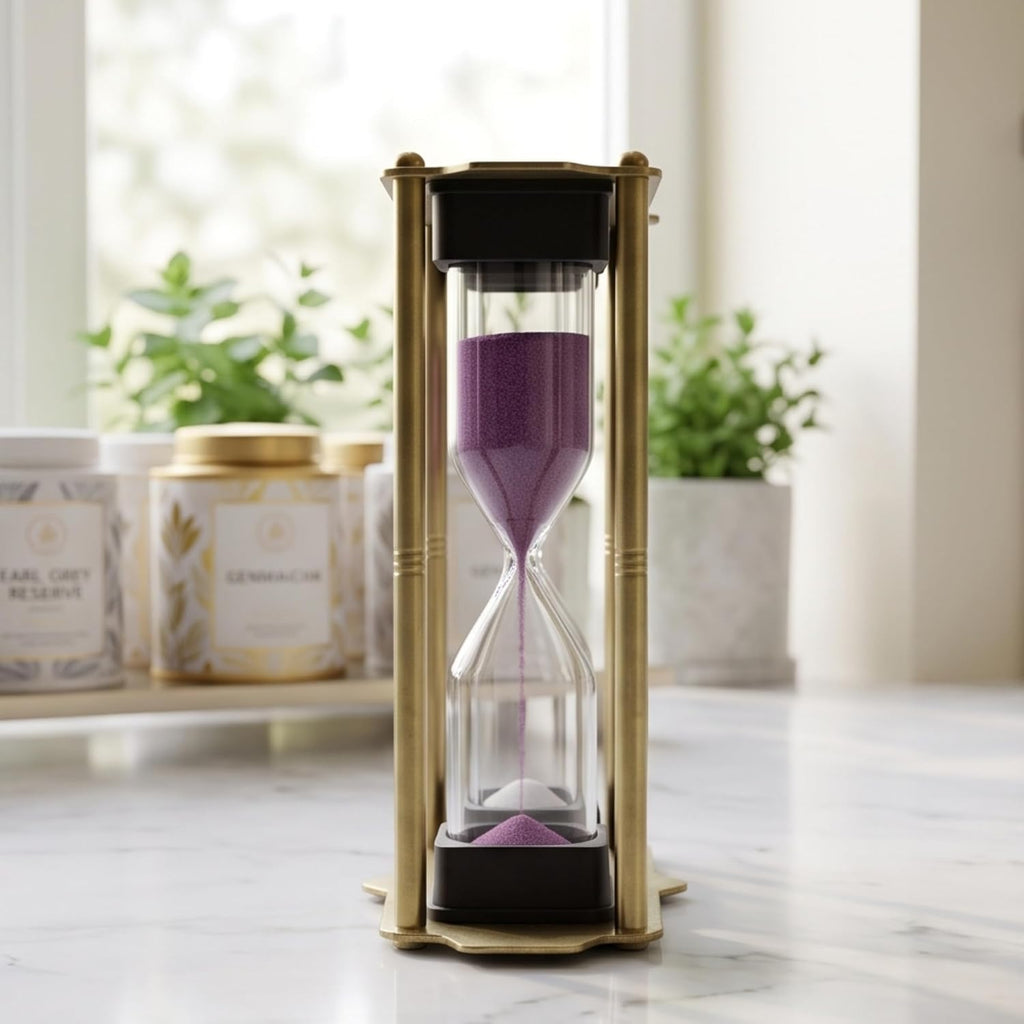 Sand Timer Hourglass Set with Blue Purple White Sand, Brass-Tone Metal Frame, Multiple Timing Options, 4.6 Inch - Set of 3