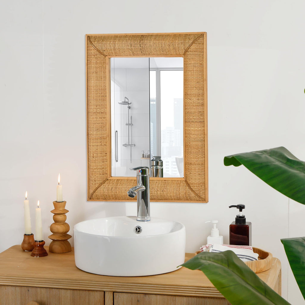 Boho Rattan Wall Mirror Wooden Framed Rectangle Mirror Rattan Decorative Farmhouse Hanging Mirror Vanity Entryway