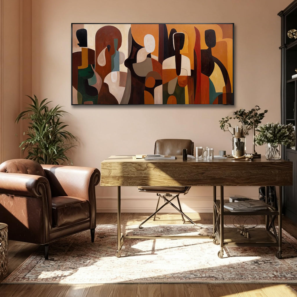 Modern Abstract Wall Decor Framed Canvas Prints Brown Geometric Wall Art Vintage Figure Artwork Office Entryway 24x48