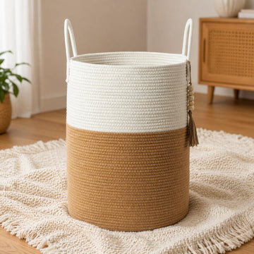 Blanket Basket 58L, Woven Laundry Hamper Tall Laundry Basket with Boho Wooden Tassels, Large Cotton Rope Storage