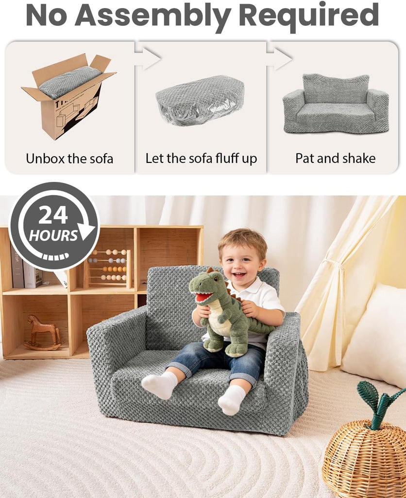 Sherpa Kids Couch, in-1 Fold-Out Comfy Chair for 3+ Years Old, Grey