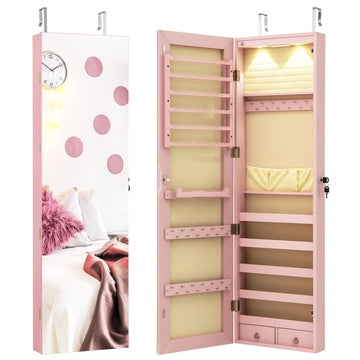 Jewelry Armoire Wall or Door Mounted, Full-Length Mirror with Storage, Lockable Mirror Jewelry Cabinet w/ 2 Drawers
