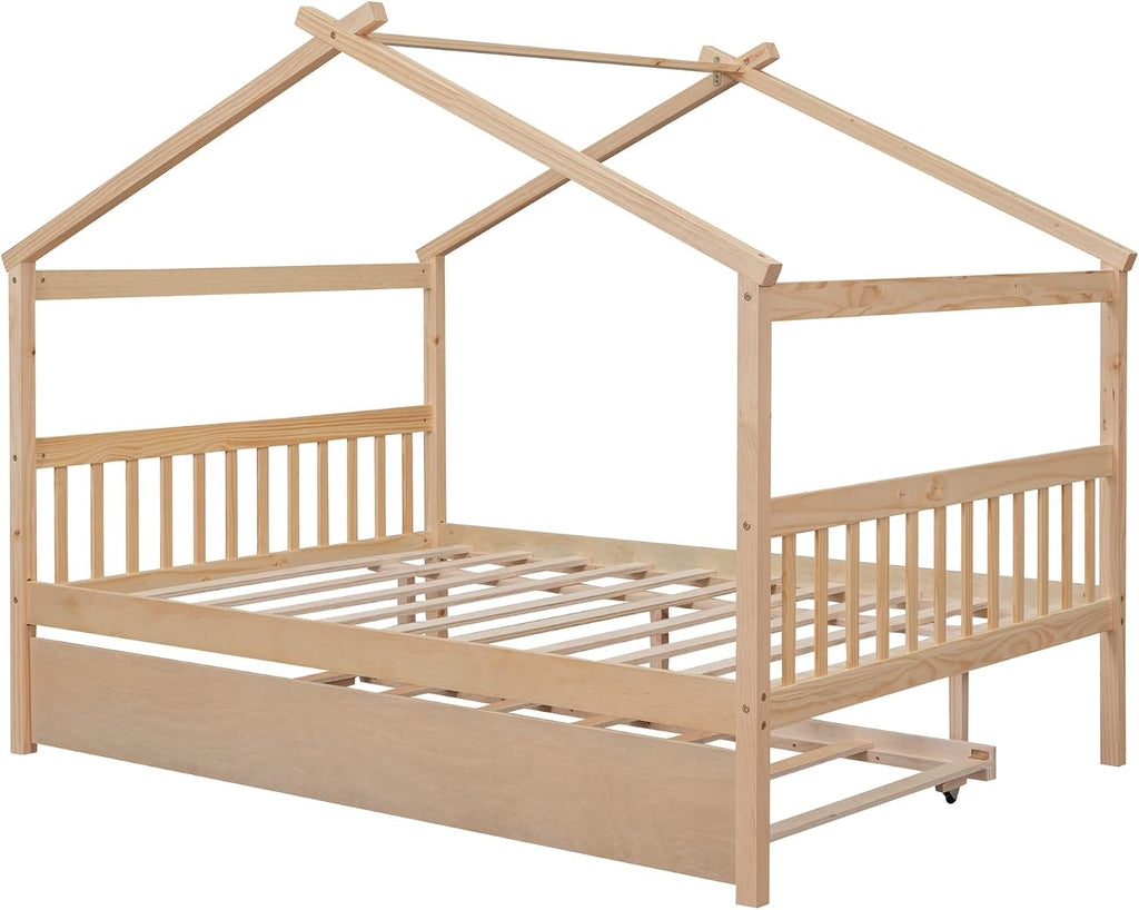 Full House Beds with Trundle Wooden Kids Montessori Bed Frame Wood Playhouse Tent Bed Frame for Girls Boys, Full