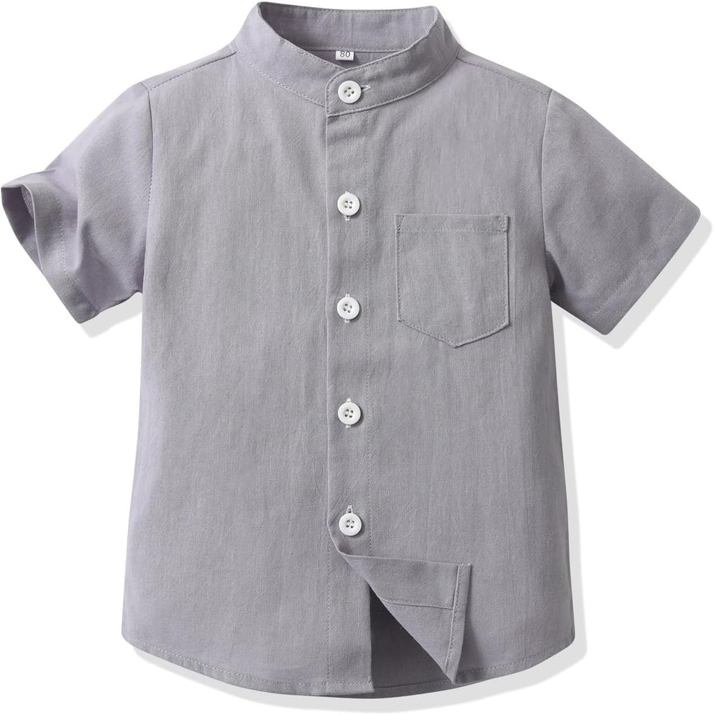 Baby Boys Cotton Linen Shorts Set Band Collar Short Sleeve Button Down T-Shirt Tops and Shorts Summer Outfit Clothes