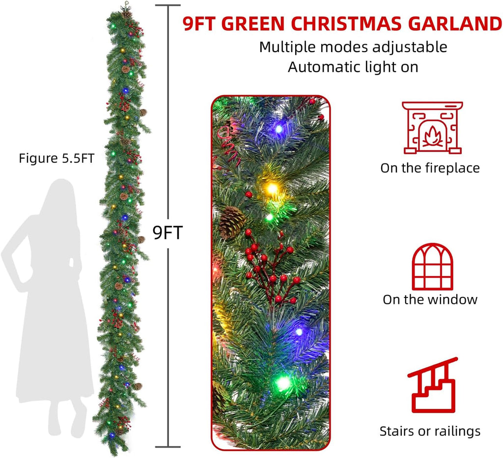 Christmas Garland with Lights 9FT, Lighted Christmas Garland Battery Powered 8 Lighting Modes, 50 LED Lights Garland