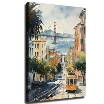 San Francisco Watercolor Painting, Golden Gate Bridge, Cable Car, Cityscape Wall Decor, Ready To Hang (Framed, 16 *