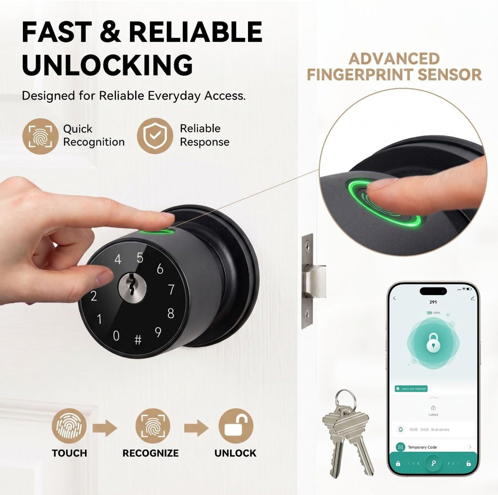 4-in-1 Smart Fingerprint Door Knob with App and Keypad, Matte Black
