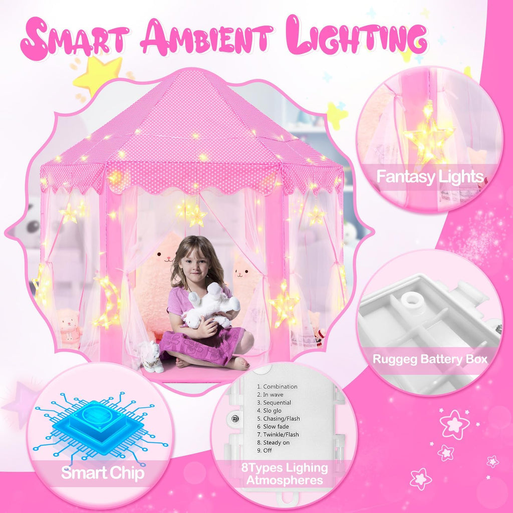 Princess Tent with Large Star Lights for Girls Age 4-7, Kids Play Tent for Girls Indoor, Castle Playhouse